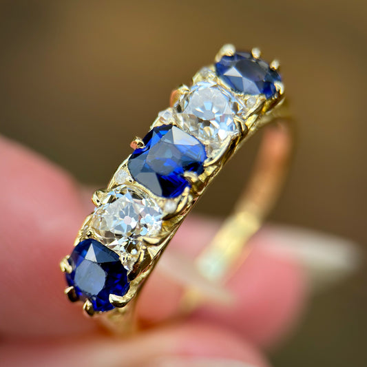 18ct Gold Antique Victorian 1.5ct Sapphire & 1ct Old Cut Diamond Five Stone Ring