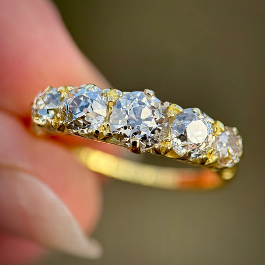 18ct Gold 1.625ct Antique Fully Hallmarked Old Cut Diamond Five Stone Ring