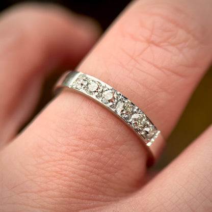 18CT White Gold 0.42ct Old Cut Diamond Half Eternity Band Ring Size N 1/2 4.5g