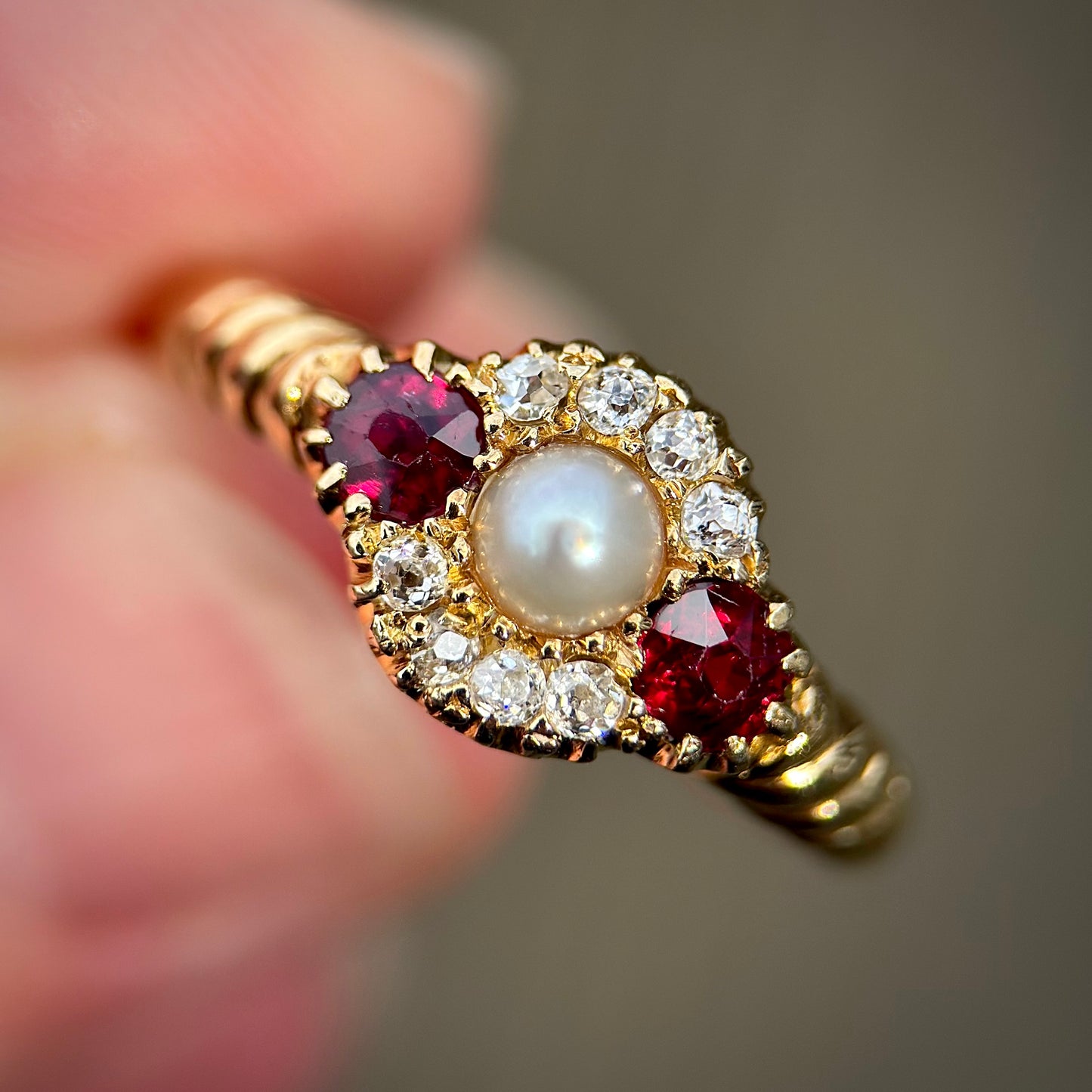 18ct Gold Antique Victorian Ruby Pearl & old cut diamond Cluster Ring