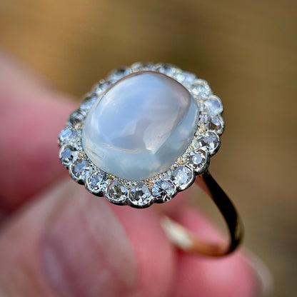 18ct Gold Large Antique Sugar loaf Moonstone & Old Cut Diamond Cluster Ring