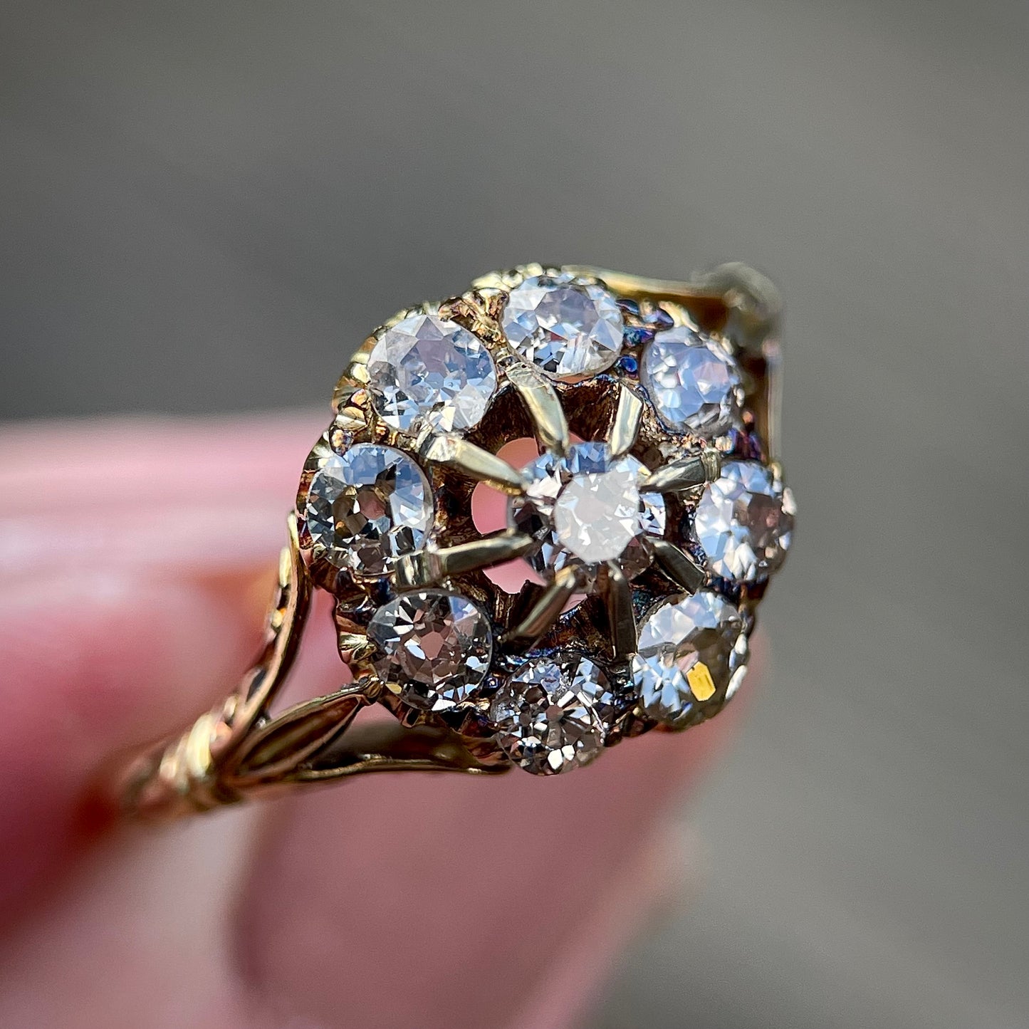18CT Gold Antique 1.20CT Old Cut Diamond Cluster Ring Size Q
