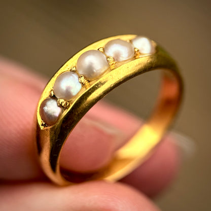 Heavy 18CT Gold Antique Pearl five stone half hoop gypsy ring 7.4g Size R 1/2