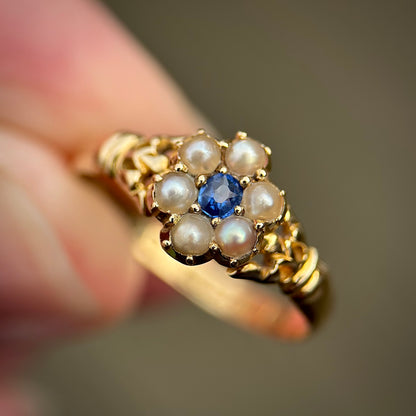 18ct Gold Antique Victorian Fully Hallmarked Sapphire & Pearl Daisy Cluster Ring