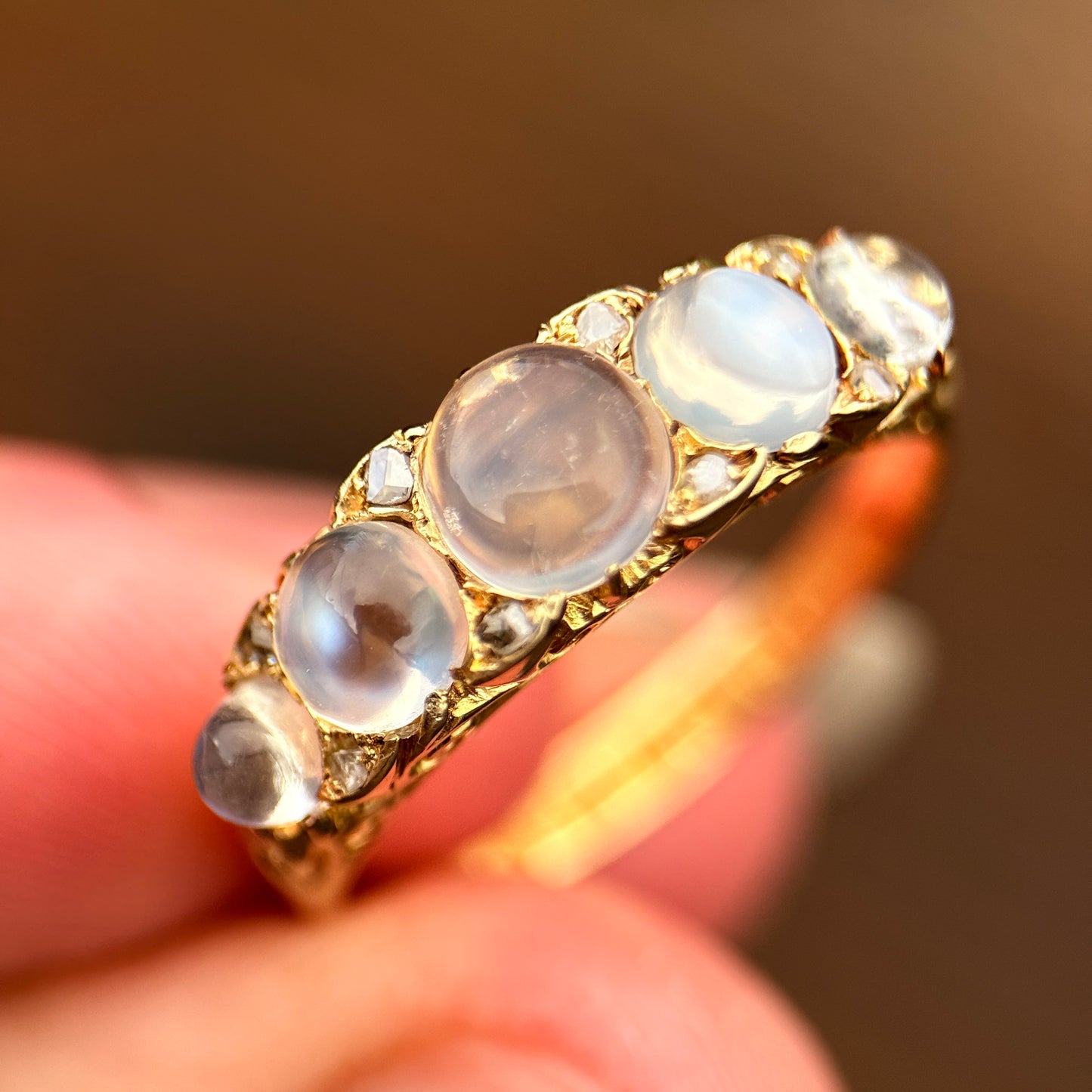 *RESERVED* + resize to a P 18ct Gold Antique Fully Hallmarked Moonstone & Old Cut Diamond Half Hoop Ring