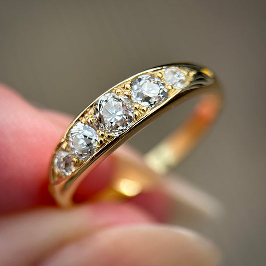 18ct Gold Antique 0.80ct Old Cut Diamond Five Stone Half Hoop Ring Size N