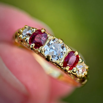 Antique Victorian Old Cut Diamond & Ruby Five 5 stone 18ct Gold Ring Size L