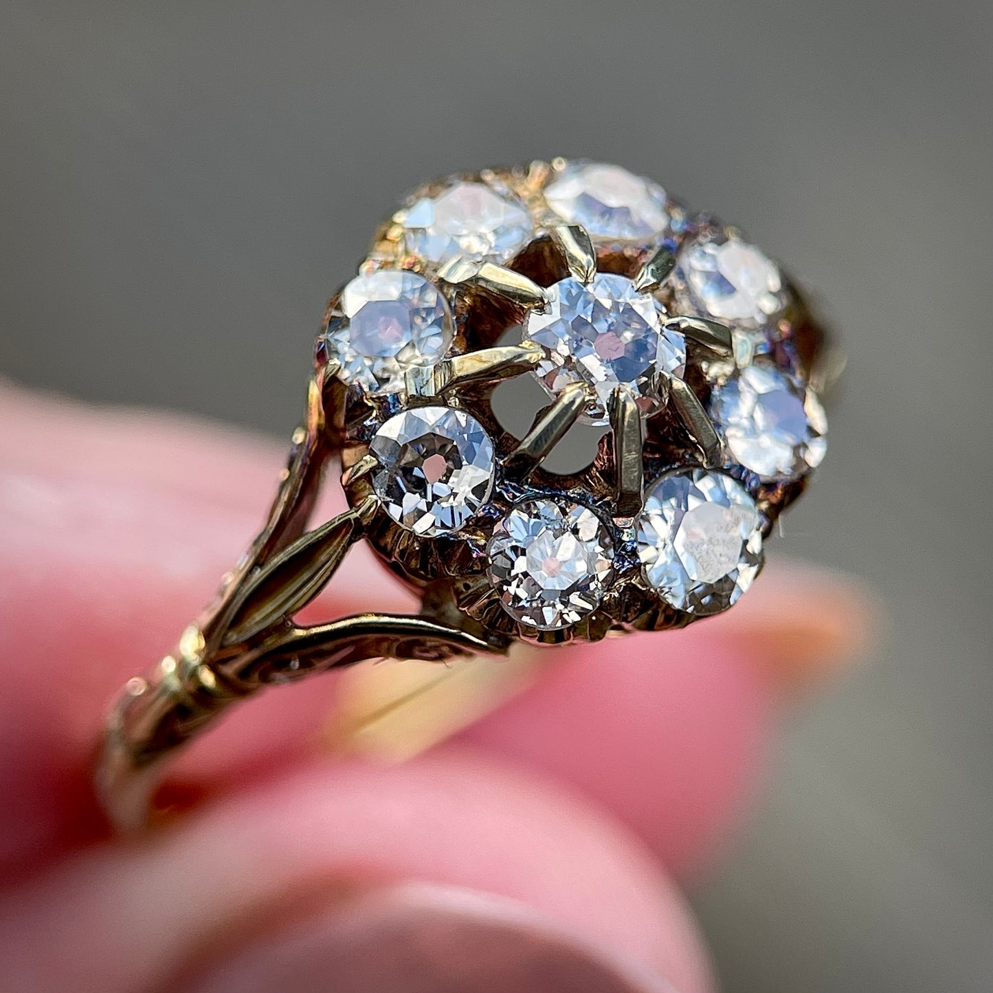18CT Gold Antique 1.20CT Old Cut Diamond Cluster Ring Size Q