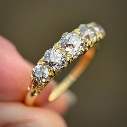 18ct Gold 1.625ct Antique Fully Hallmarked Old Cut Diamond Five Stone Ring