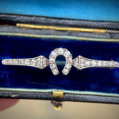 Antique Gold & Silver 1.00ct Old Cut Diamond Equestrian HorseShoe Brooch Bar Pin