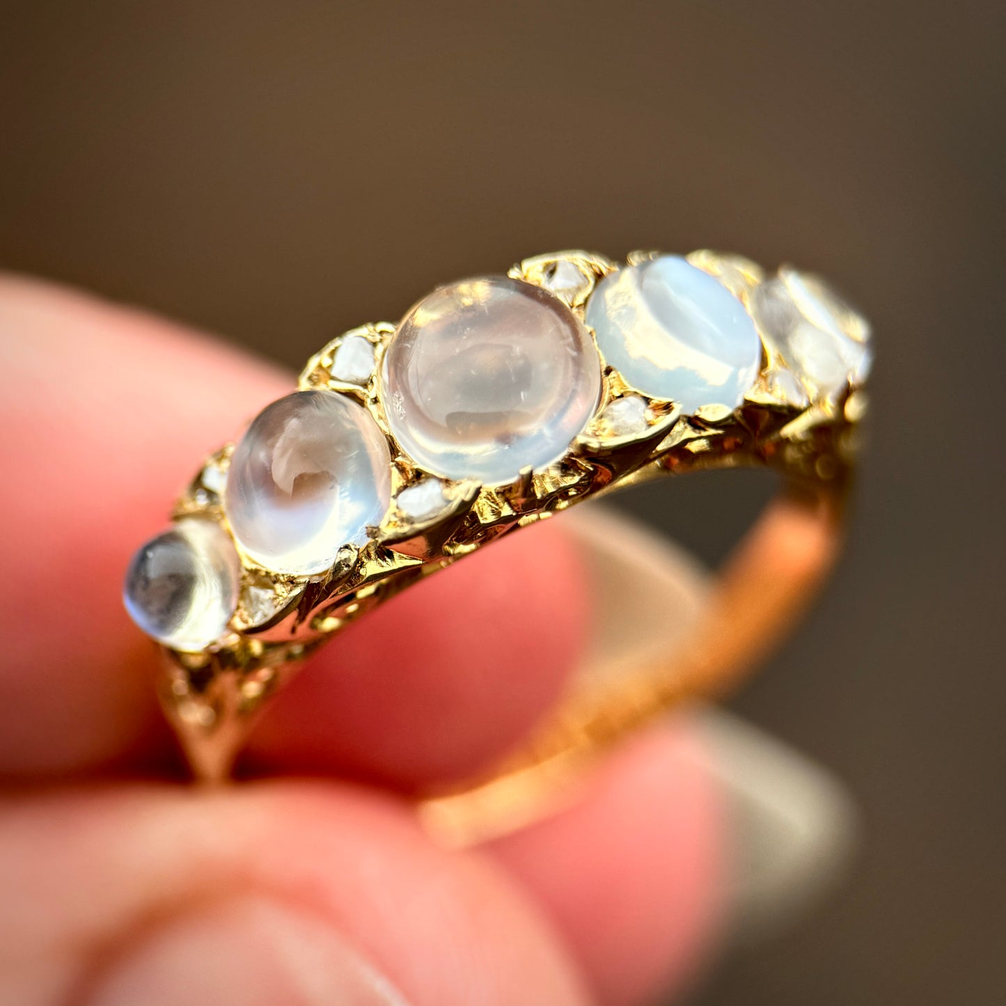 *RESERVED* + resize to a P 18ct Gold Antique Fully Hallmarked Moonstone & Old Cut Diamond Half Hoop Ring