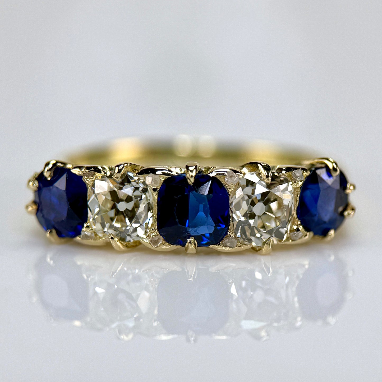 18ct Gold Antique Victorian 1.5ct Sapphire & 1ct Old Cut Diamond Five Stone Ring