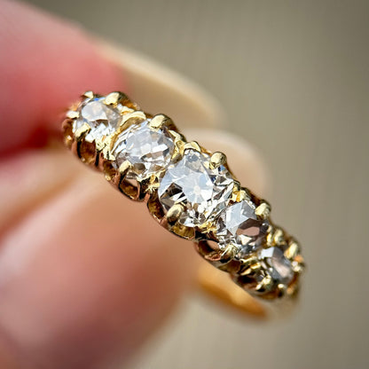 18ct Gold Antique 1.15ct Old Cut Diamond Five Stone Half Hoop Ring Size O