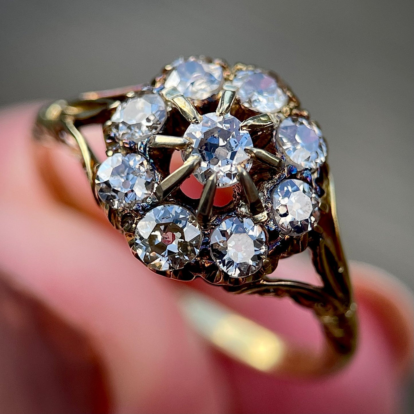 18CT Gold Antique 1.20CT Old Cut Diamond Cluster Ring Size Q