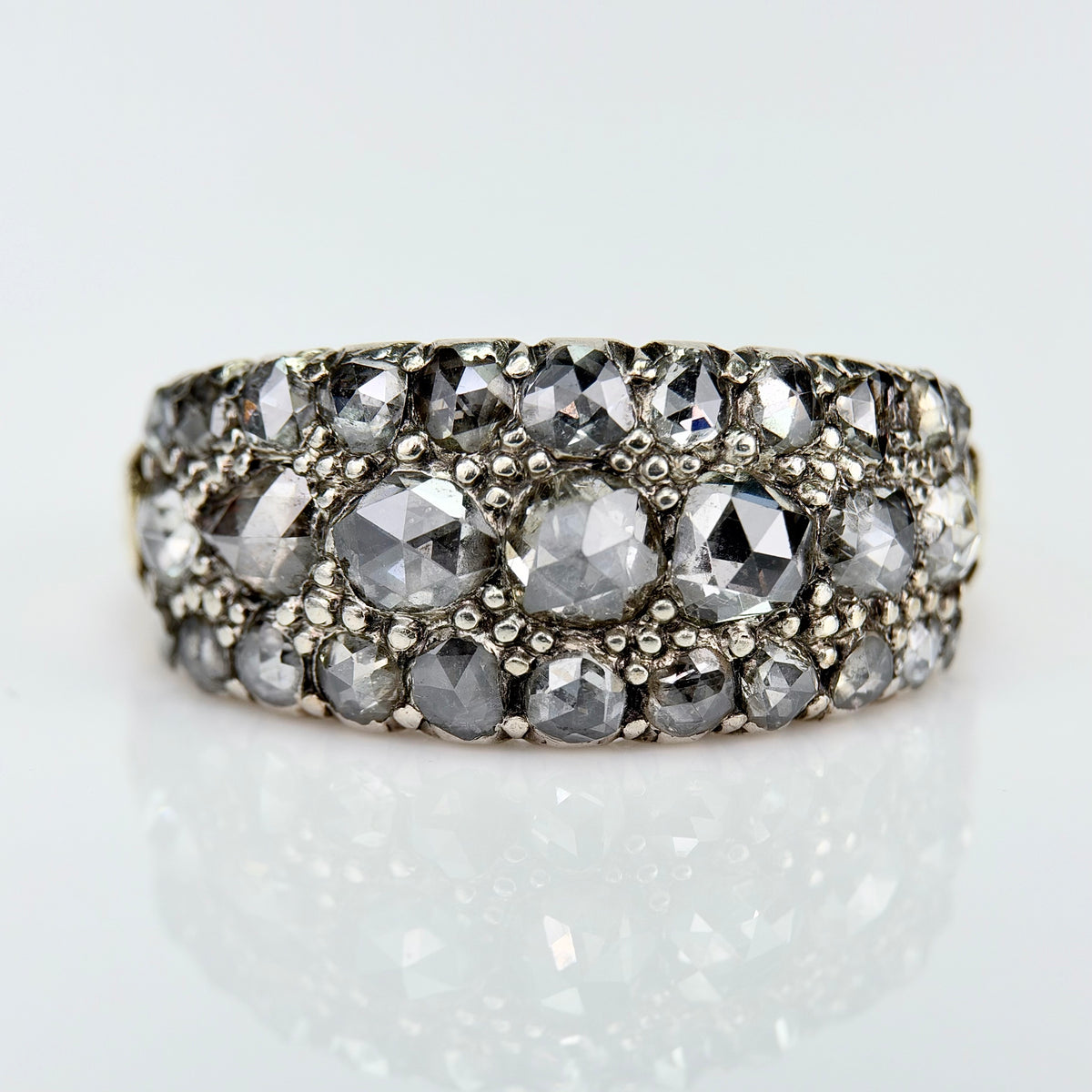 18ct Gold & Silver Antique Georgian 2.1ct Old Rose Cut Diamond Triple Row Ring