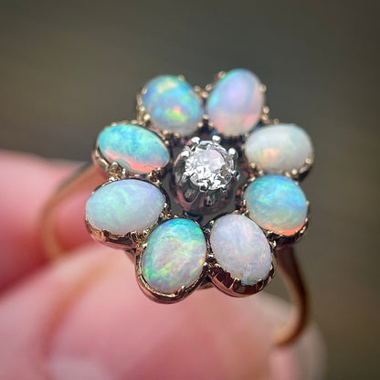 18CT Gold Antique Opal & Old cut diamond Flower Cluster Daisy Ring Size N 1/2