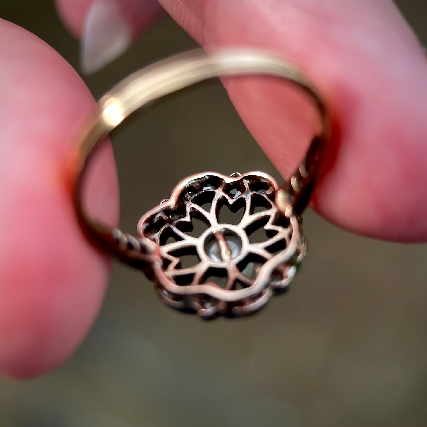 18CT Gold Antique Art Nouveau Old rose cut diamond & pearl floral flower ring