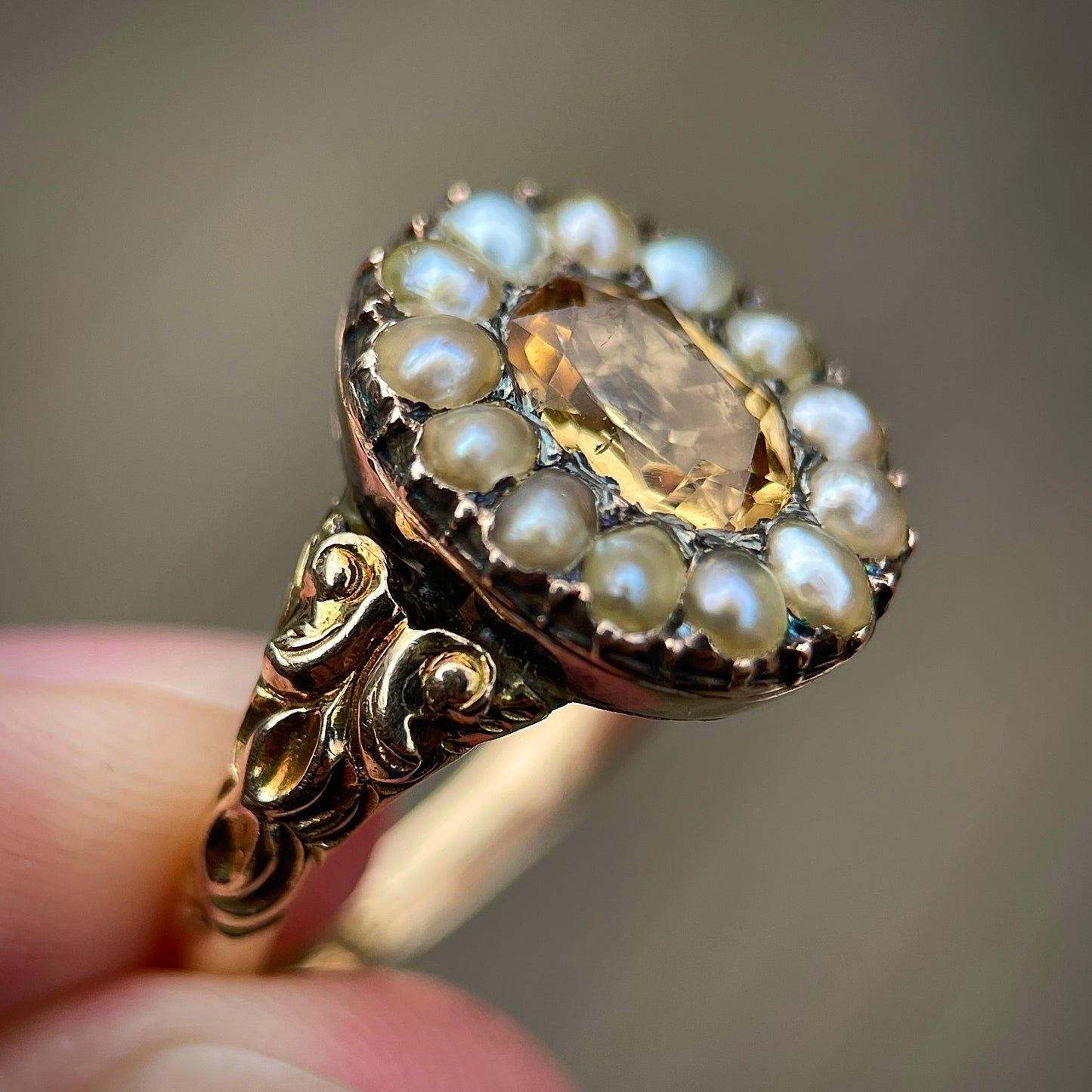 Antique Georgian Chased 15ct Gold Imperial Golden Topaz and Seed Pearl Ring