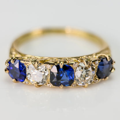 18ct Gold Antique Victorian 1.5ct Sapphire & 1ct Old Cut Diamond Five Stone Ring