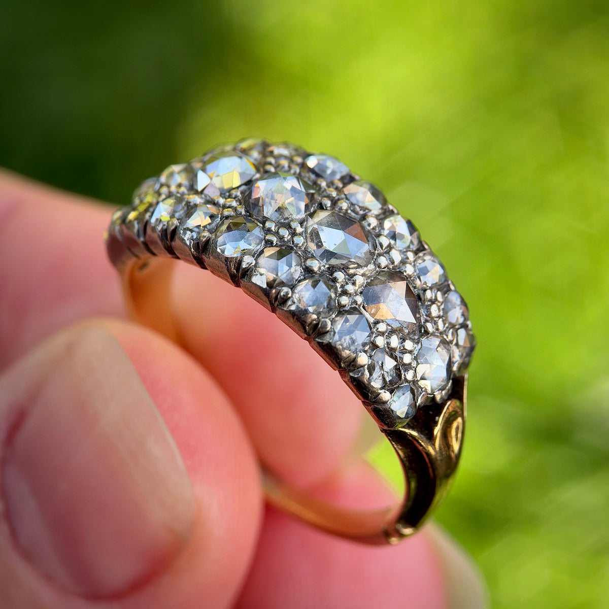 18ct Gold & Silver Antique Georgian 2.1ct Old Rose Cut Diamond Triple Row Ring