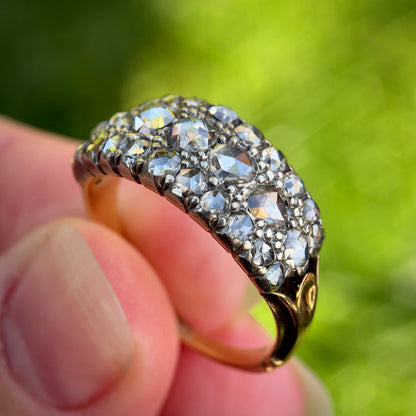 18ct Gold & Silver Antique Georgian 2.1ct Old Rose Cut Diamond Triple Row Ring