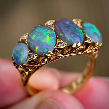 18CT Gold Large Antique Victorian Black Crystal Opal & Old Cut Diamond Ring