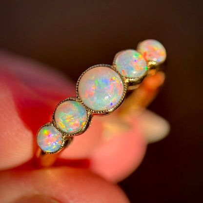 18CT Gold antique fiery crystal Opal five stone half hoop milgrain set ring