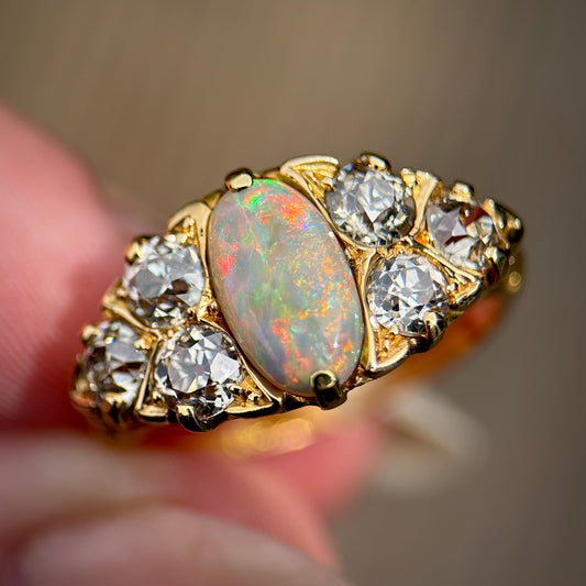 18CT Gold Antique Victorian Black Crystal Dark Opal 1.2ct Old Cut Diamond Ring