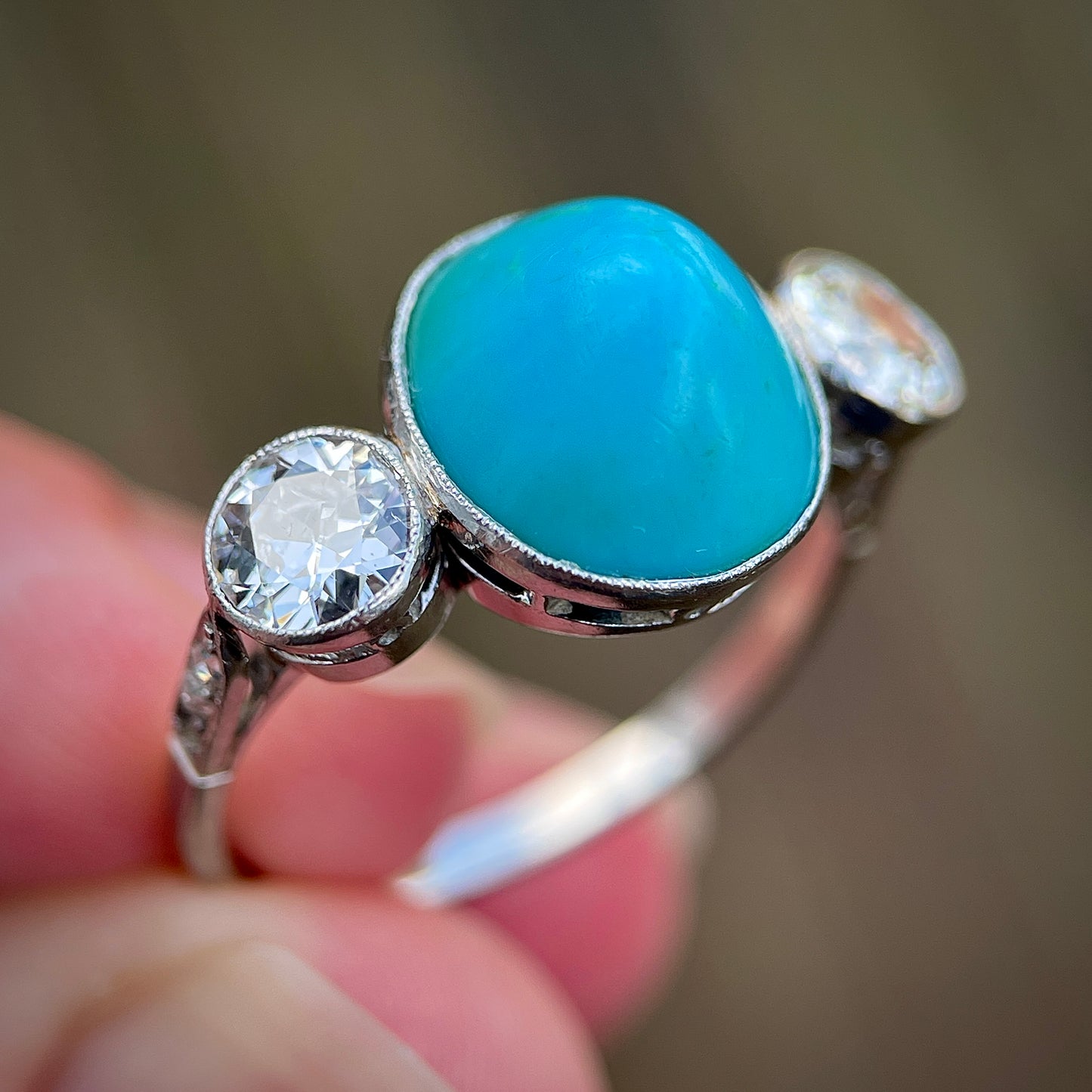 Platinum Art Deco Antique Sugarloaf Turquoise & Old Cut Diamond Three Stone Ring