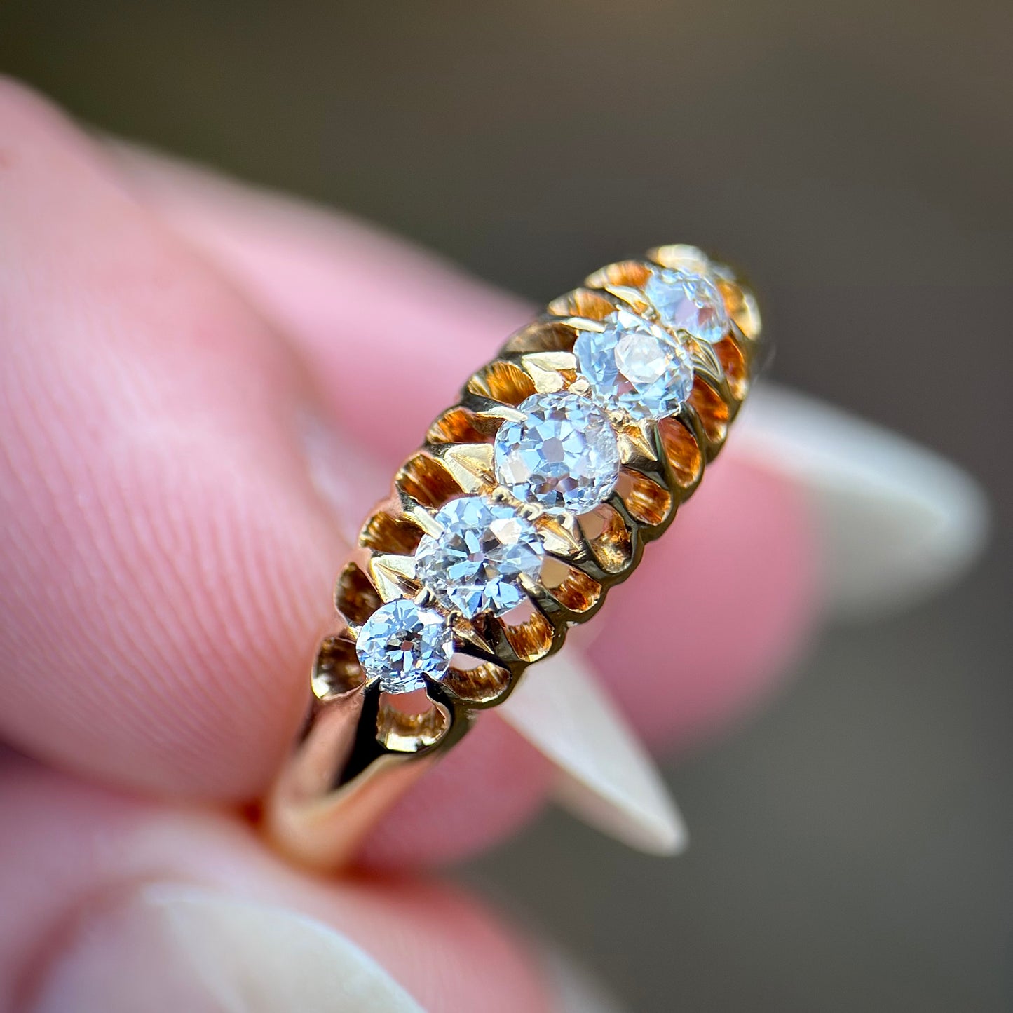 18ct Gold 0.40CT Antique Fully Hallmarked Old Cut Diamond Five Stone Ring Size N