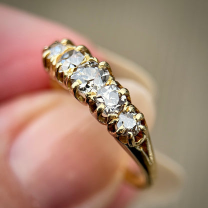 18ct Gold Antique 1.15ct Old Cut Diamond Five Stone Half Hoop Ring Size O