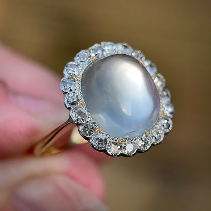 18ct Gold Large Antique Sugar loaf Moonstone & Old Cut Diamond Cluster Ring