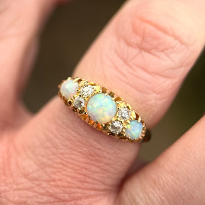 DEPOSIT PAYMENT 1 *** 18CT Gold Antique Fully Hallmarked Fiery Crystal Opal & Old Cut Diamond Ring