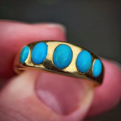 18ct Gold Antique Victorian Turquoise 5 Stone Gypsy Ring size S1 /2 HEAVY 6.8g
