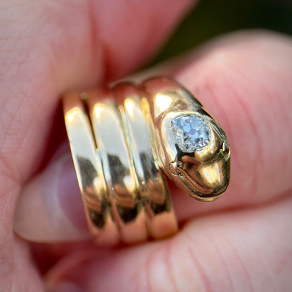 18CT Gold Antique Victorian 0.30ct Old Cut Diamond Snake Ring 9.7 grams