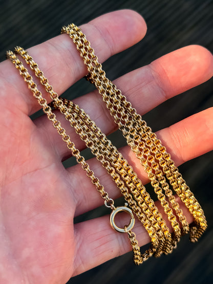 9ct yellow gold Antique ribbed belcher long guard muff chain 38.5" 19.60 grams