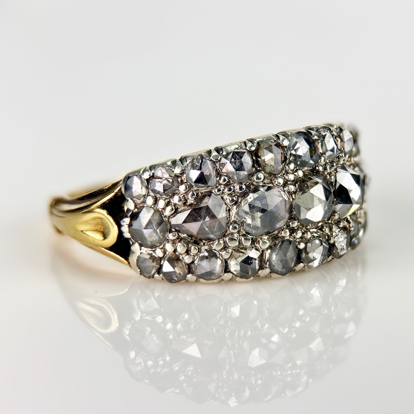 18ct Gold & Silver Antique Georgian 2.1ct Old Rose Cut Diamond Triple Row Ring