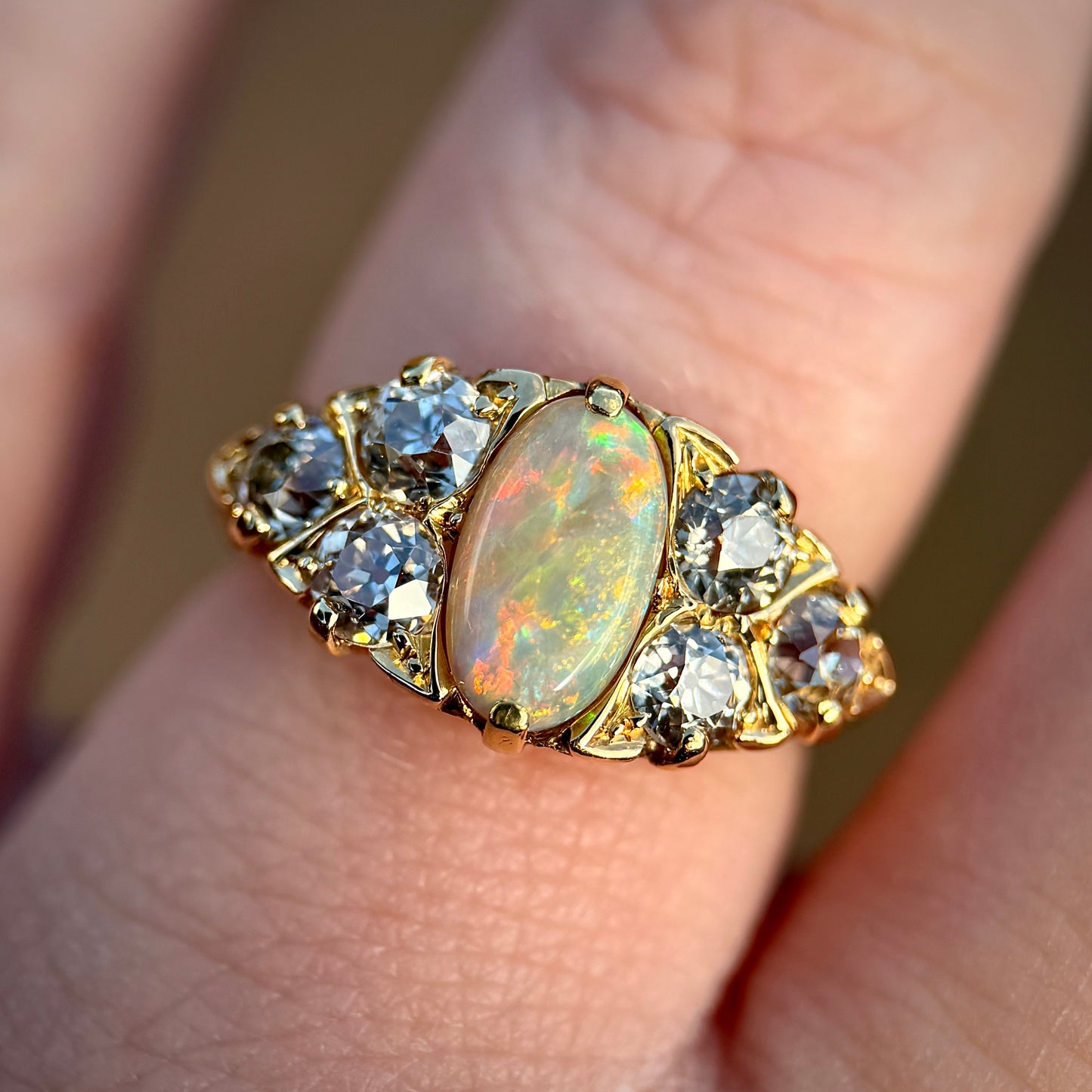 18CT Gold Antique Victorian Black Crystal Dark Opal 1.2ct Old Cut Diamond Ring