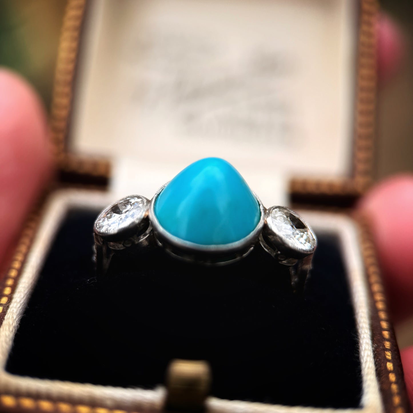 Platinum Art Deco Antique Sugarloaf Turquoise & Old Cut Diamond Three Stone Ring