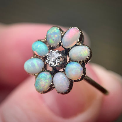 18CT Gold Antique Opal & Old cut diamond Flower Cluster Daisy Ring Size N 1/2
