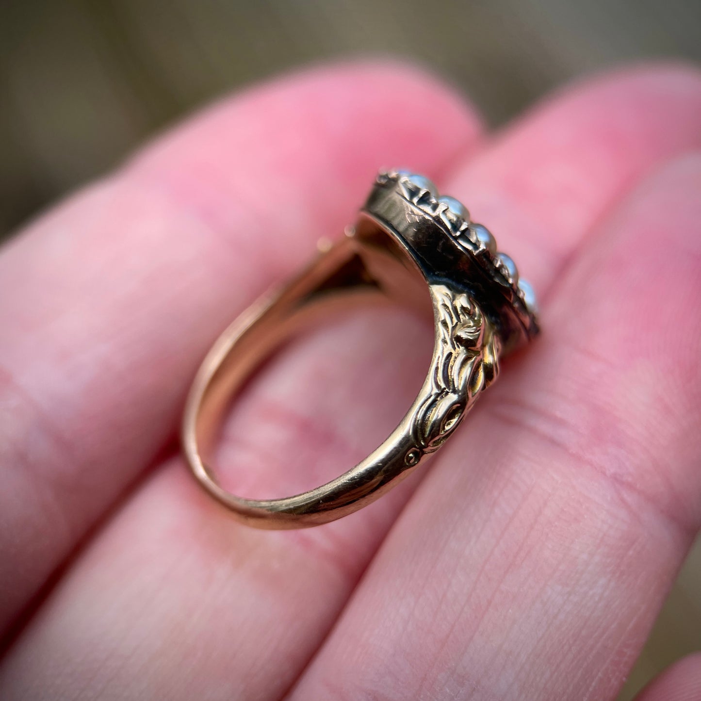 Antique Georgian Chased 15ct Gold Imperial Golden Topaz and Seed Pearl Ring