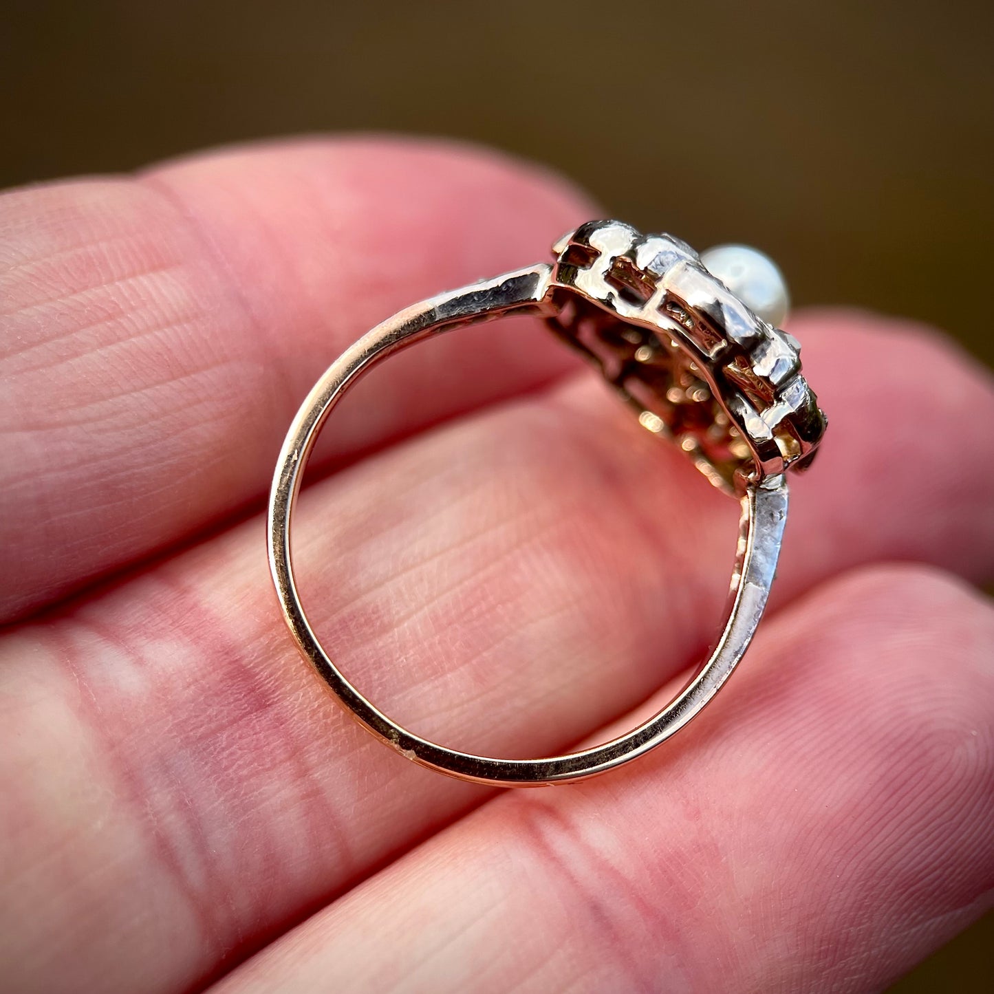 18CT Gold Antique Art Nouveau Old rose cut diamond & pearl floral flower ring