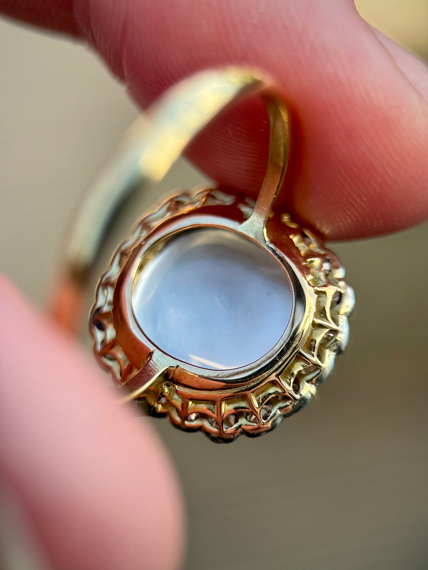 18ct Gold Large Antique Sugar loaf Moonstone & Old Cut Diamond Cluster Ring