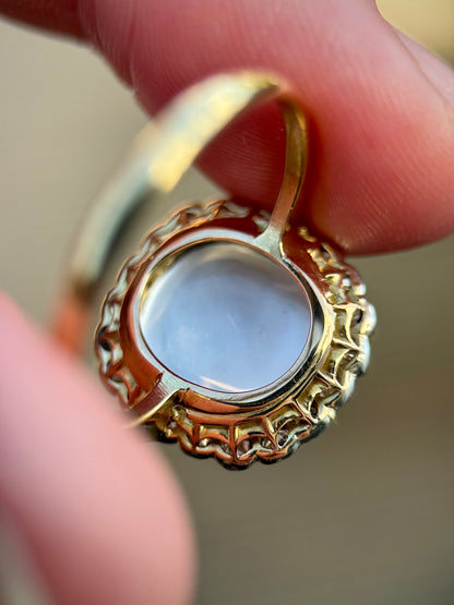 18ct Gold Large Antique Sugar loaf Moonstone & Old Cut Diamond Cluster Ring