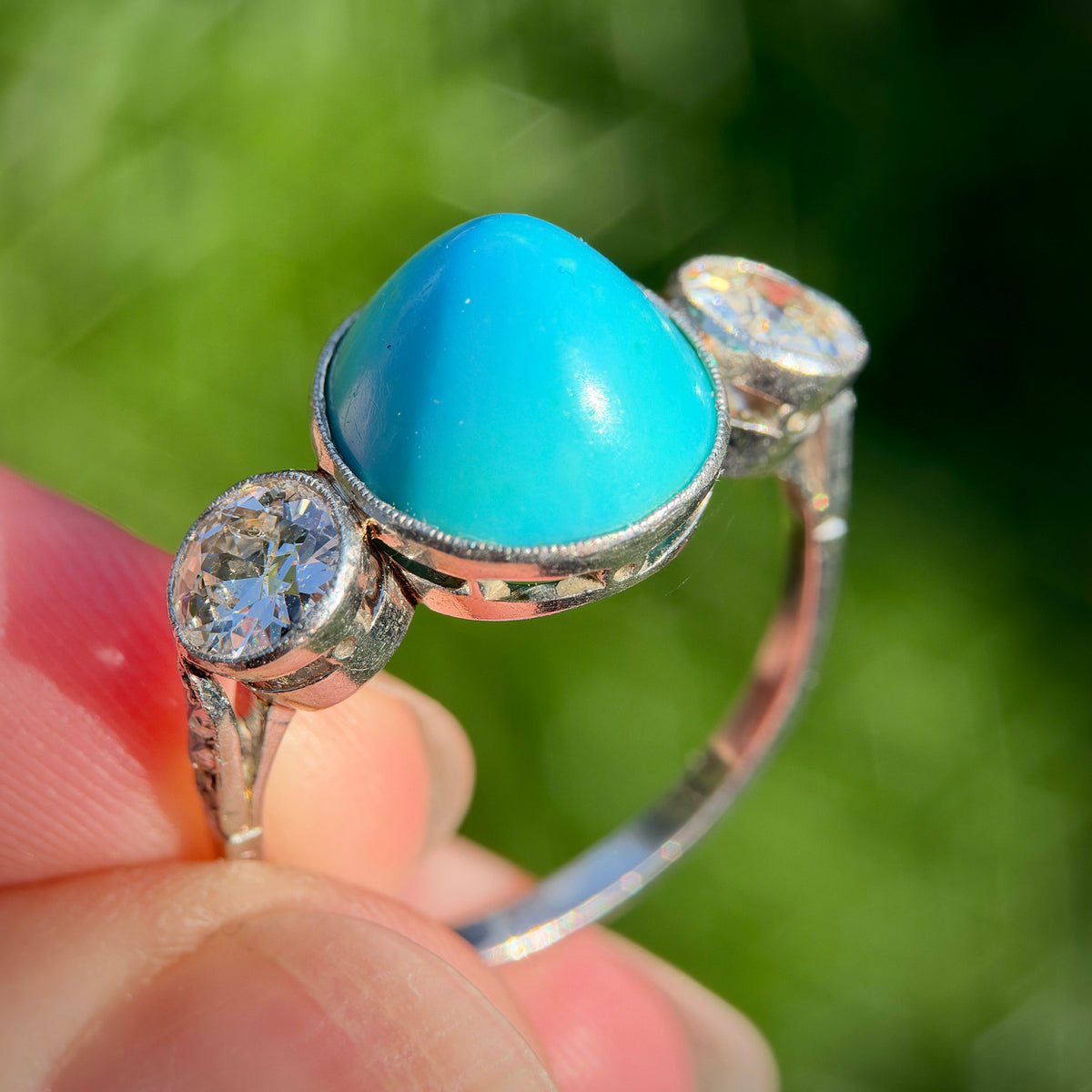 Platinum Art Deco Antique Sugarloaf Turquoise & Old Cut Diamond Three Stone Ring