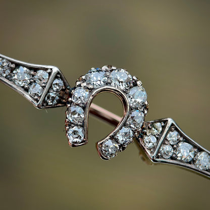 Antique Gold & Silver 1.00ct Old Cut Diamond Equestrian HorseShoe Brooch Bar Pin