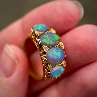 18CT Gold Large Antique Victorian Black Crystal Opal & Old Cut Diamond Ring