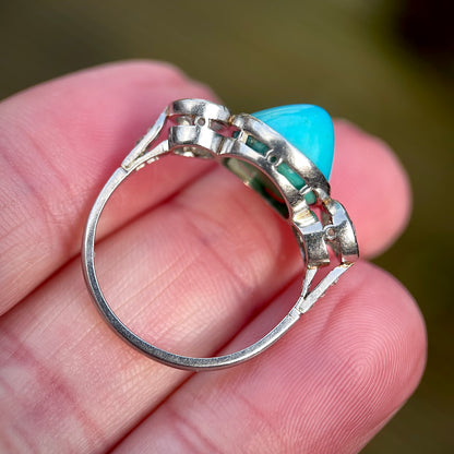 Platinum Art Deco Antique Sugarloaf Turquoise & Old Cut Diamond Three Stone Ring