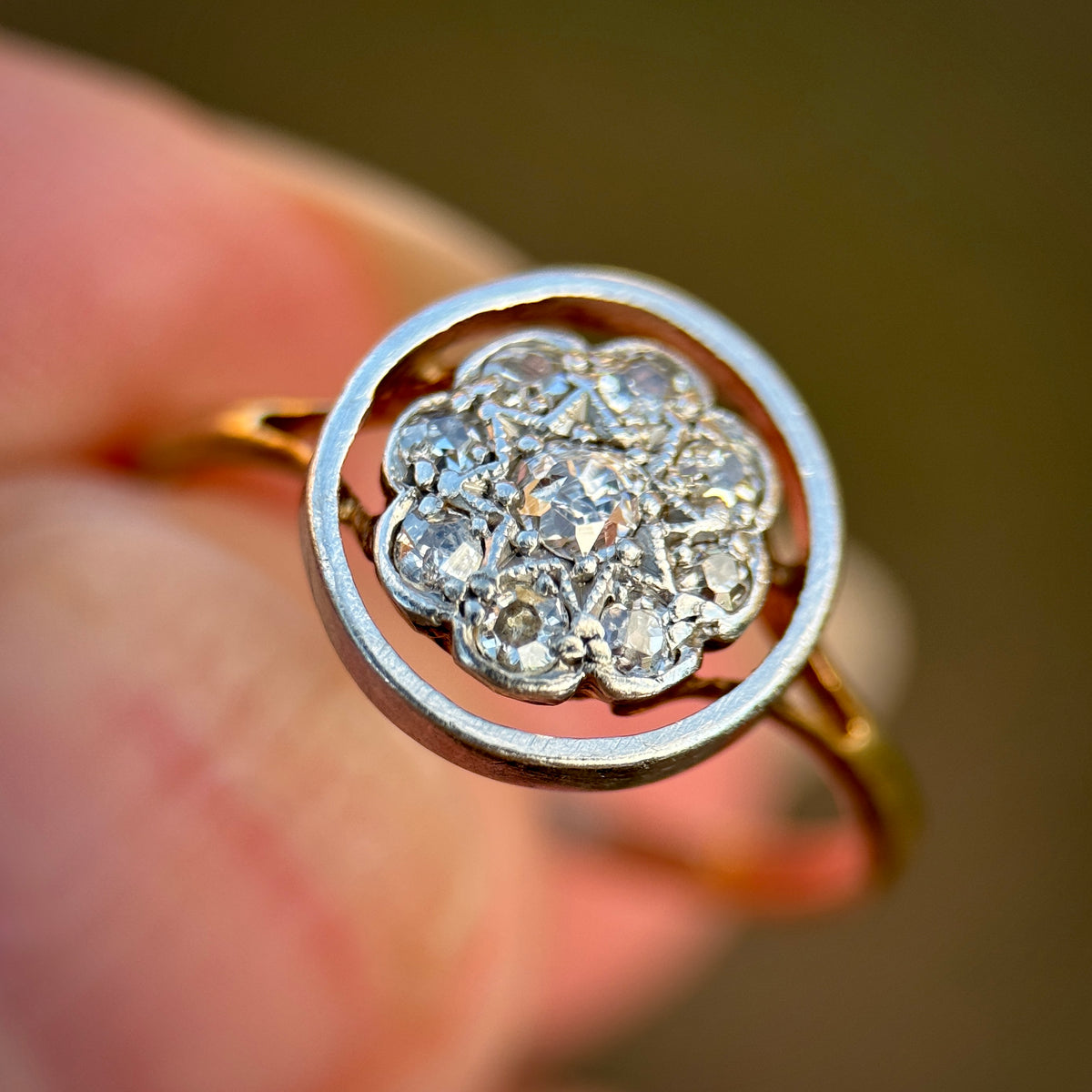 15ct Gold Antique Art deco Old Cut Diamond 9 Stone cluster daisy Ring