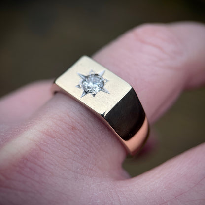 9CT Gold Diamond Solitaire Signet Gypsy Ring Heavy 9.7 grams Size U 1/2